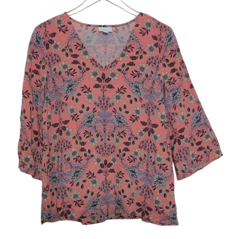J Jill Floral Shirt Womens Size Medium Pink Lightweight V Neck Boho 3/4 Sleeves